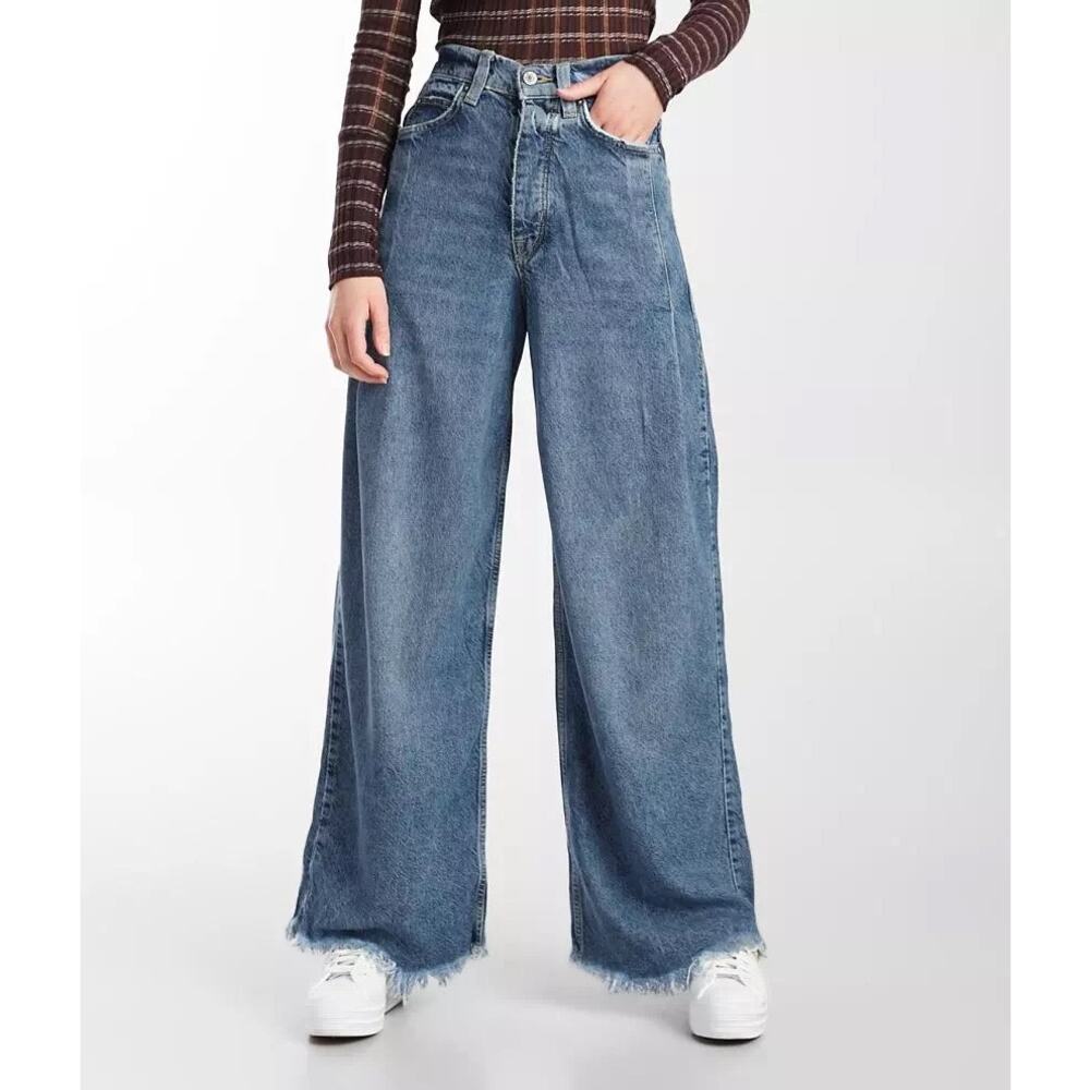 Free People Old West Slouchy Wide Leg Jeans Medium Denim Blue Sz 27 Great!